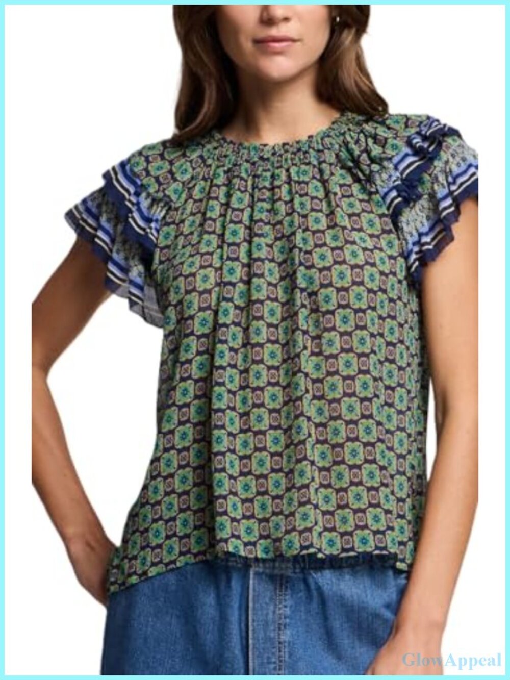 Flutter Sleeve Jewel Neck Blouse Border Print Pull On Top